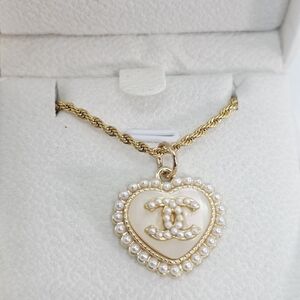 CHANEL Gold and Cream Heart Pendant Necklace